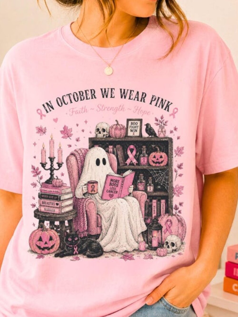 In October We Wear Pink Shirt Breast Cancer Awareness Halloween Ghost Tee